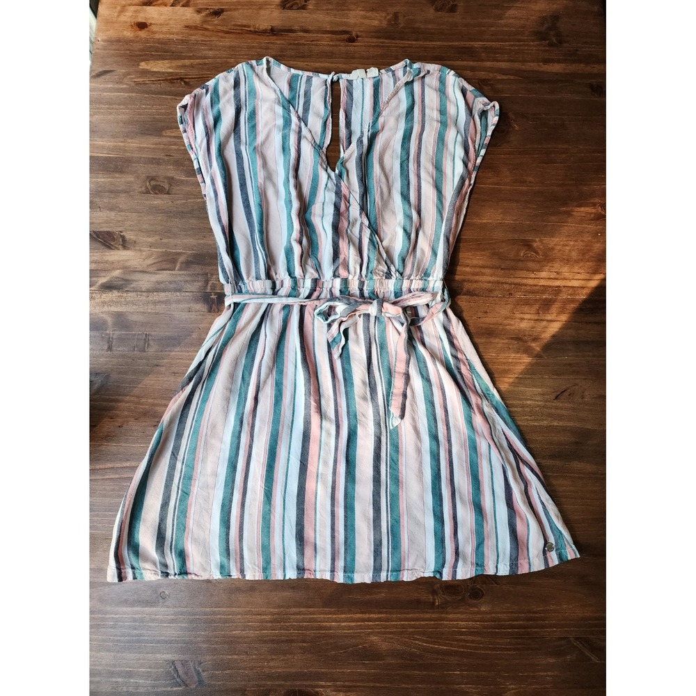 Roxy Coastal Boho Striped Faux-Wrap Mini Dress Peace Of Mind Size Large Multi